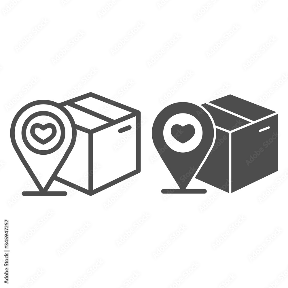 Poster cardboard box with map pin line and solid icon, delivery and parcel tracking symbol, package locatio