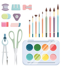 Set of school supplies. Colorful objects in cartoon style.
