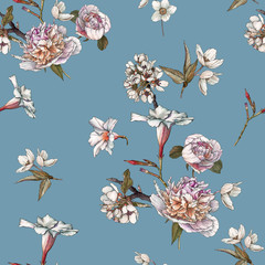 Floral seamless pattern with watercolor white peonies, anemones and apple blossom