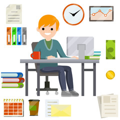 Man sit at Desk with computer and typing the text message in front of monitor. Set of business icons-yellow folder, case for document, schedule, red coffee mug, cash. Flat picture. Businessman at work