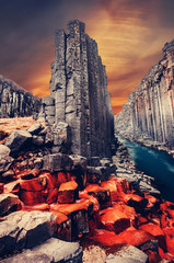 Amazing Nature landscape of Iceland. Impressively beautiful Studlagil canyon with basalt columns...