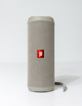 london england, 04/05/2020 JBL Flip 4 Waterproof Portable Bluetooth Speaker, isolated in a white studio setting. JBL leading in quality portable audio and music speakers.