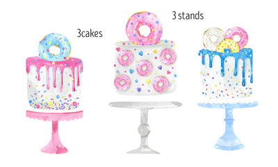 Colorful cake with donuts watercolor set. Glazed, dessert, bakery, pastry, confectionery, confetti, confectionery sprinkles, stand. Birthday cake
