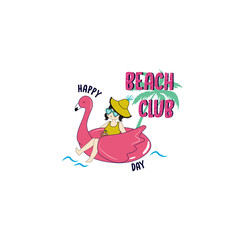 flamingo animal girl hat beach club sea sand holiday color tee illustration art vector 