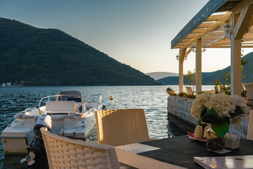 Sunset view of Kotor bay from beautiful town Perast, Montenegro.