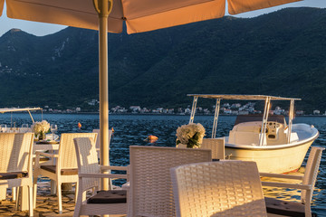 Sunset view of Kotor bay from beautiful town Perast, Montenegro.