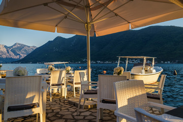 Sunset view of Kotor bay from beautiful town Perast, Montenegro.