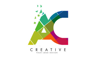 Letters AC A C Design with pink shattered rainbow blocks. AC Icon with Pattern.