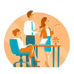 Business man and two girls in the process of working in the office. Discuss strategy. On the table is a laptop. Round background. Vector illustration.