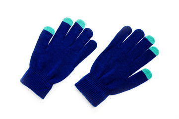 Warm knitted gloves in dark blue, photographed on a white background.