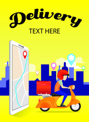 delivery man service by scooter in background vector, mobile application