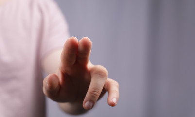 A man hand touching virtual screen, modern background concept , can put your text at the finger, copy space.