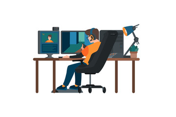 Cyber sport pro gamer live streaming game match sitting at professional studio with pc desk setup, gaming chair, mic, spotlights webcam. Cyber sport streamer.