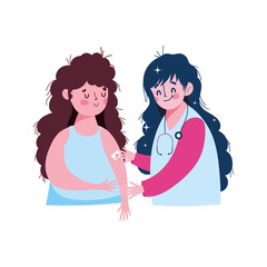 vaccination medical care, female nurse and patient with band aid in arm