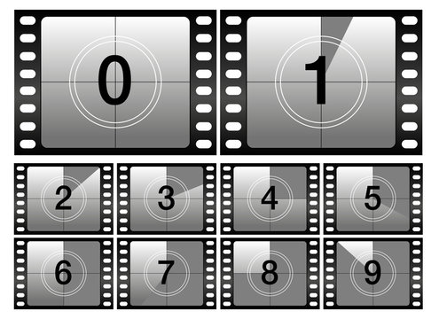 Countdown frames. Classic old film movie timer on filmstrip. Retro timer frames set from 0 to 9 numbers vector illustration. Vintage film or television intro counting, movie projector count down.