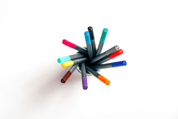 Set of multicolor felt pens, markers on white background, colorful fineliners.