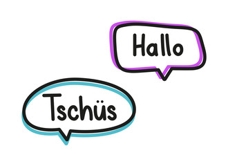 Hallo tschus. Handwritten lettering illustration. Black vector text in pink and blue neon speech bubbles. Simple outline style