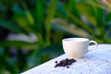 Coffee cup and coffee beans on wooden table background