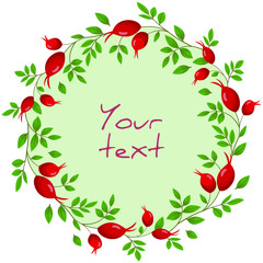 Rose hips wreath; round frame with rose hips for greeting cards, invitations, posters, banners, packaging.
