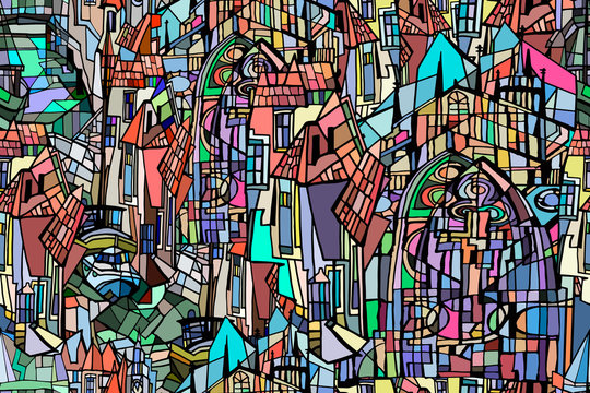 Abstract colorful illustration featuring fantasy Dutch town with canals and tiled roofs. Hand drawn.