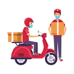 delivery workers with face masks in motorcycle