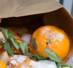 Food garbage in paper bag on the table.