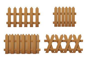 Different types wooden fence.  Set of  garden fences isolated on white background. Wood boards silhouette construction in flat style. Vector illustration. EPS 10.
