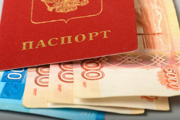 Cash banknotes in the Russian passport. Russian money in your passport.