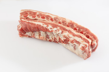 Pork belly isolated on white background. Top view. fresh ribs isolated on white background. With clipping path. Raw meat, farm and cooking concept. Meat shop.