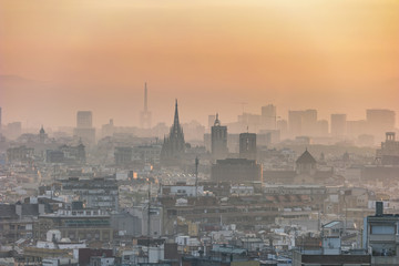 Barcelona Spain, aerial view sunrise city skyline at city center