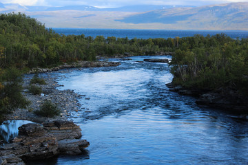 Large river in the arctic tundra. Abisko national park, Nothern Sweden