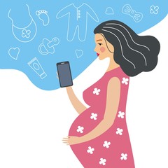 A pregnant girl makes purchases online through a smartphone, buys children's things