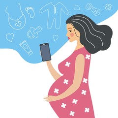 A pregnant girl makes purchases online through a phone, buys children's things