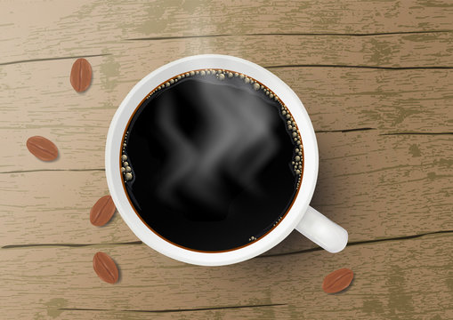 Realistic white coffee cup with black coffee,smoke and coffee beans on vintage grunge wooden background vector illustration