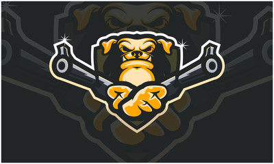 Dog head holding two gun, tactical team, Airsoft gun or Paintball club logo. Design element for company logo, label, emblem, apparel or other merchandise. Scalable and editable Vector illustration