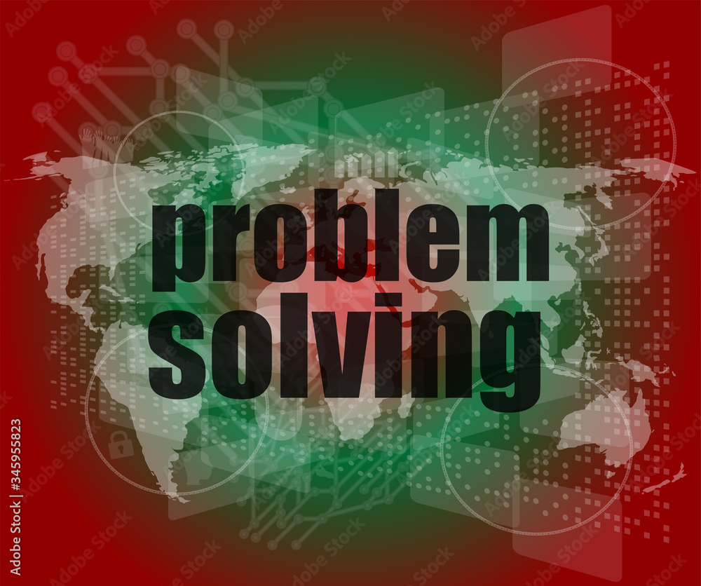 Poster business concept: words problem solving on digital screen