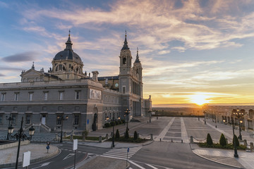 Fototapeta na wymiar Madrid Spain, sunset city skyline at Cathedral de la Almudena empty nobody
