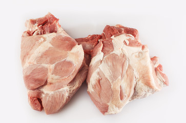 Slices pork loin on a white background. Raw pork. Advertising for meat shop and farm. Various kinds of meat and ready to cook concept. Top view. Space for text