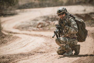 Soldiers of special forces on wars at the desert,Thailand people,Army soldier Patrolled the front line,Calling up reinforcements