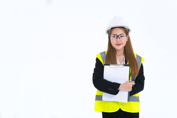Beautiful asian Engineer woman Wear a suit, glasses and wearing a helmet on white...
