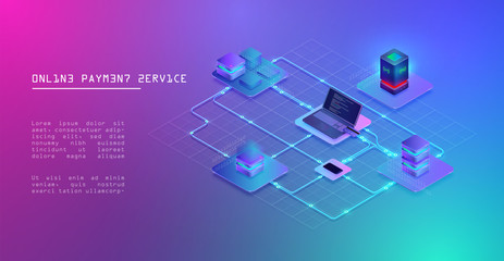 Online payment service illustration with servers, laptop and mobile phone, vector illustration