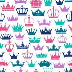 Retro seamless pattern of colors crowns on white background. Surface seamless print of royal.