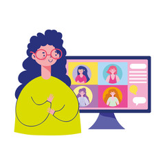 meeting online, young woman with computer talking group people