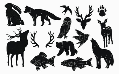 rustic nature icons , animals, wildlife, forest fauna. vintage artwork logo elements. bear, rabbit, deer antlers ,birds , owl and fishes. camping nature logo elements and resources for graphic design