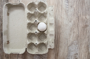 one chicken egg in a paper tray. View from above. copy space.