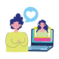 romantic date laptop connection virtual couple cartoon