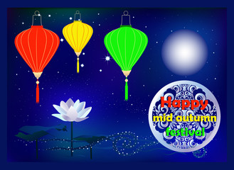 Mid autumn festival poster with lotus, moon, chinese lanterns and pattern.