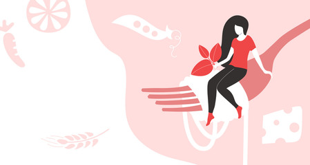 Vector illustration of woman sitting on fork with spaghetti. Concept of healthy nutrition, proper diet, food intolerance and allergy.