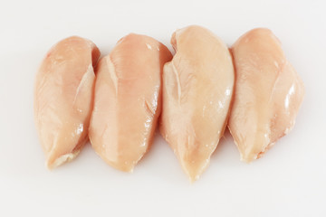 Chicken fillet isolated on a white background. Raw chicken breast fillets. top view with copy space. Flat lay composition with raw breasts. Space for text. Meat shop.