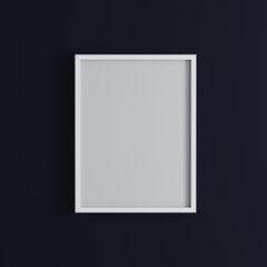 blank frame on dark blue wall mock up, vertical white poster frame on wall,  picture frame isolated on a wall, mock up for picture or photo frame,  empty frame on bright wall, 3d render